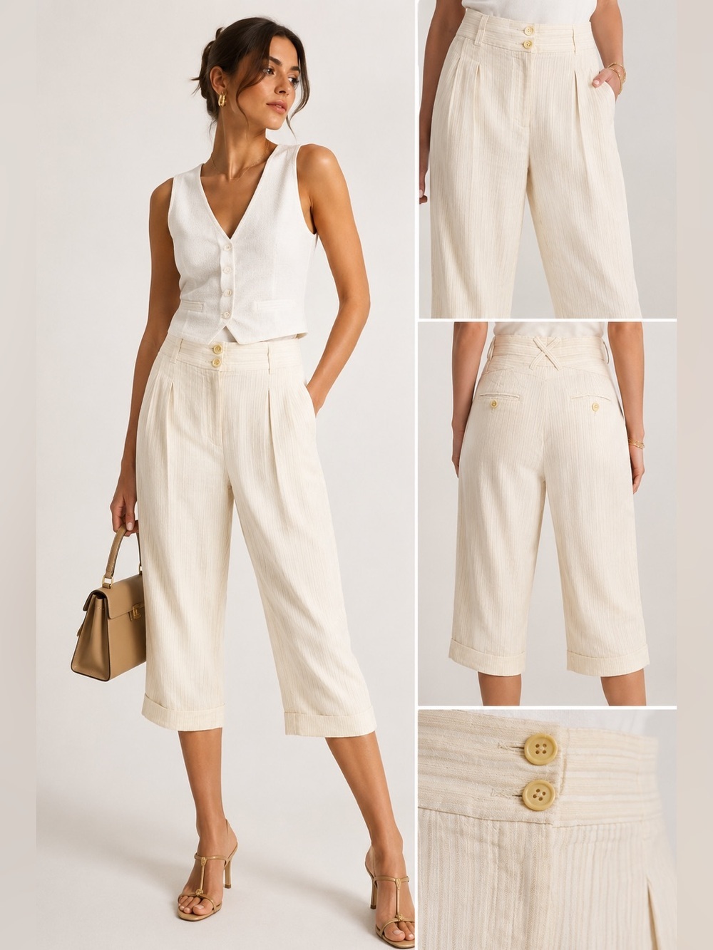 Dolce & Gabbana Cream Linen Cotton Cropped Cuffed Trousers